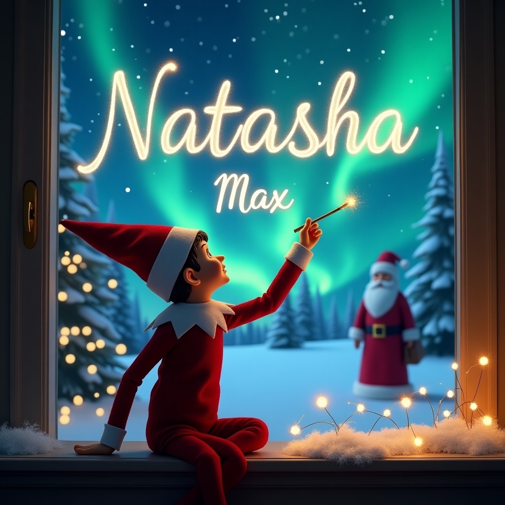 A magical Christmas scene featuring an elf on the shelf. The elf is facing the sky, using a wand to write the names 'Natasha' and 'Max' in the air. In the background, there are northern lights illuminating the night sky. Santa Claus is visible, adding to the holiday atmosphere. The setting includes snow-covered trees and twinkling lights, creating a joyful, festive mood.