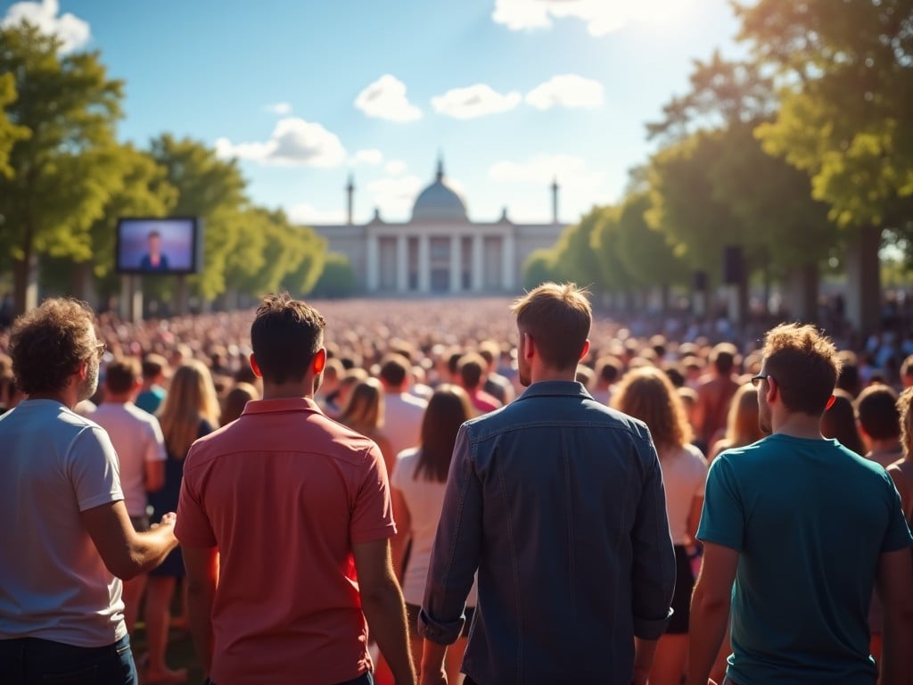 The image shows a large crowd gathered in a public space, facing a stage where an event is taking place. In the foreground, a small group of four individuals stands with their backs to the viewer, creating a sense of unity and shared experience. The crowd extends far into the distance, emphasizing the scale of the gathering. Tall trees line the sides, providing a natural frame. Bright sunlight casts a warm glow over the scene, enhancing the inviting atmosphere of the event.