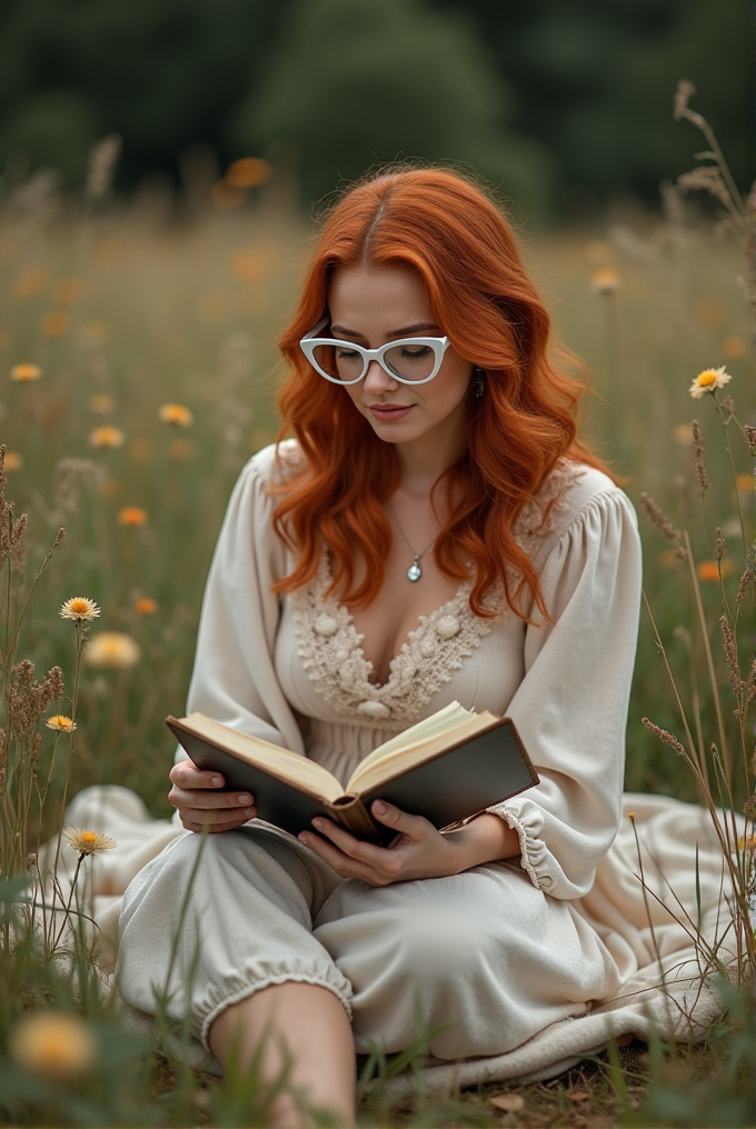 A woman with long red hair and glasses is sitting in a field of wildflowers, intently reading a book.