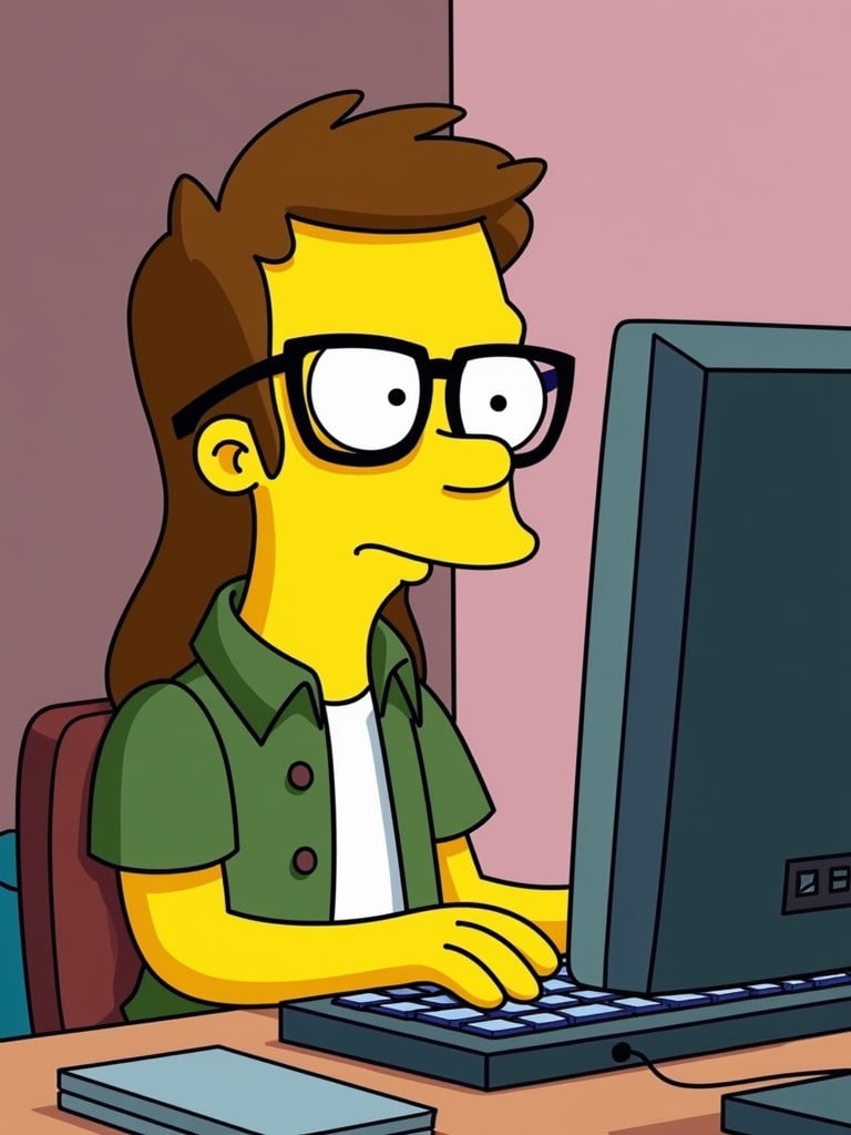 A Simpsons character depicting a nerdy guy with weak chin glasses and long brown hair sitting at a computer typing.