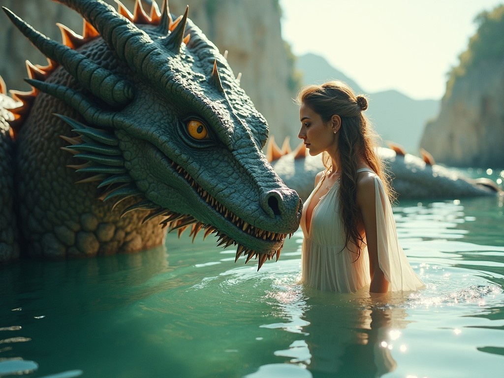 A gorgeous woman is standing in a tranquil body of water next to a majestic dragon. The scene is illuminated by soft, golden lighting of sunset, casting a magical glow over the surroundings. The woman wears a flowing white gown, which gently moves with the water. The dragon, with intricate scales and sharp horns, gazes at her in a calm manner. This artwork combines elements of fantasy and realism, showcasing the harmony between human and mythical creature. It is framed in a picturesque setting of rocky cliffs, enhancing the enchanting atmosphere. Capture the awe-inspiring connection between the fantasy elements and the serene landscape.