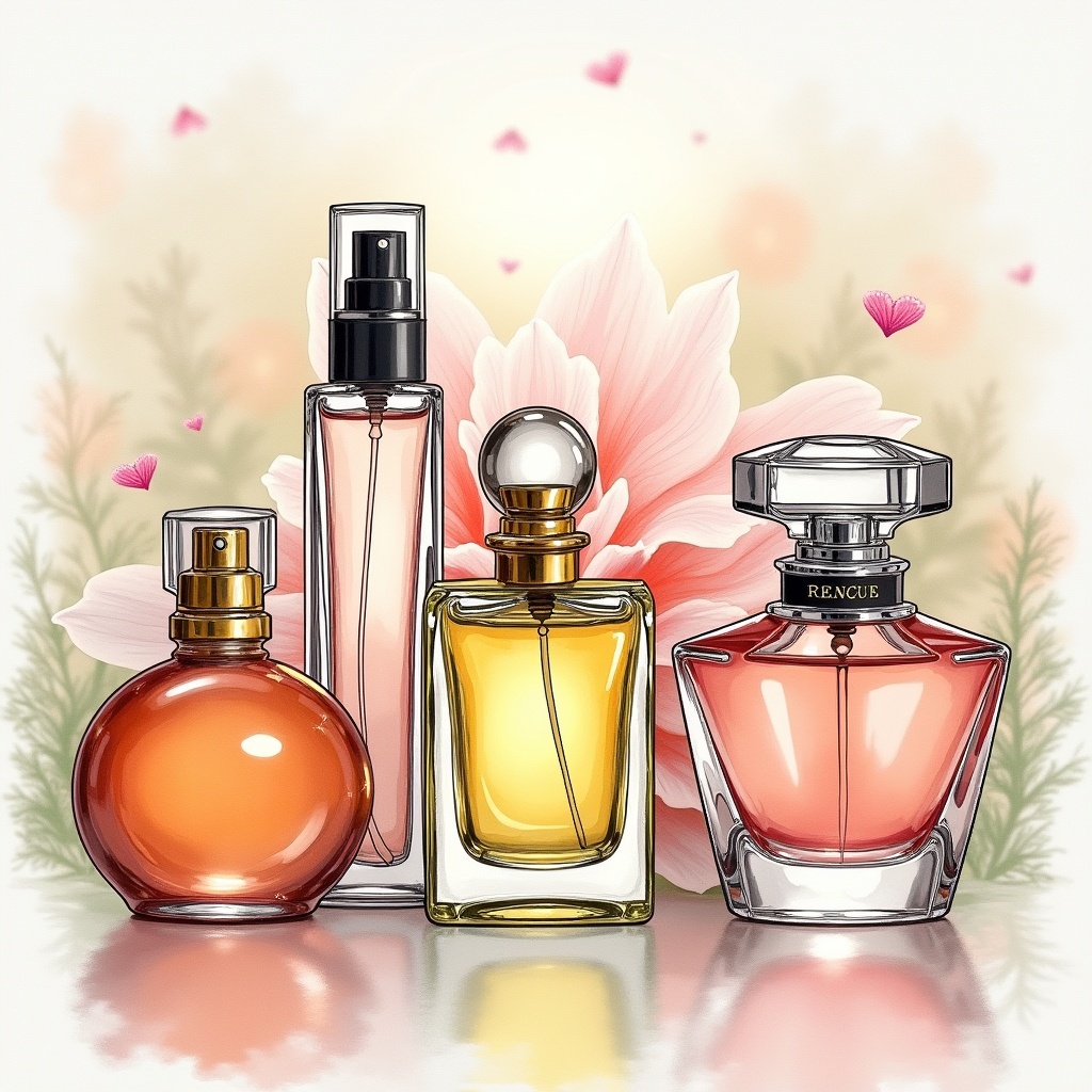 Artistic illustration of various perfume bottles arranged on a reflective surface with a floral background.