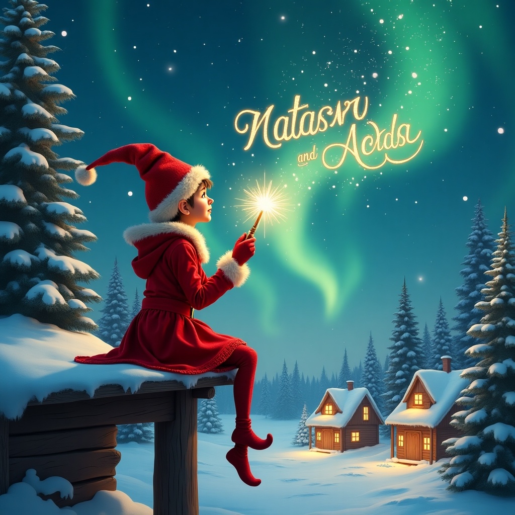 Elf dressed in red sits on wooden ledge. Elf gazes at magical sky and holds sparkling wand. Wand writes 'Natasha' and 'Ada' in starry sky. Background has snowy landscape with charming houses and evergreen trees under Northern Lights.