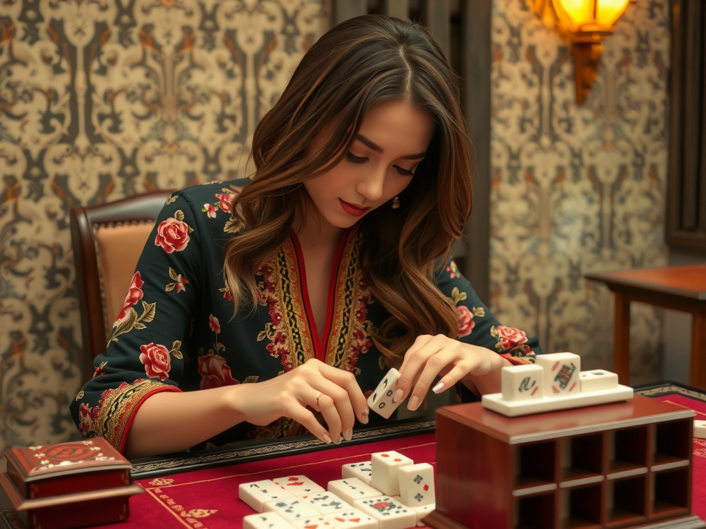 A woman wearing a floral dress is deeply focused on arranging mahjong tiles on a table.