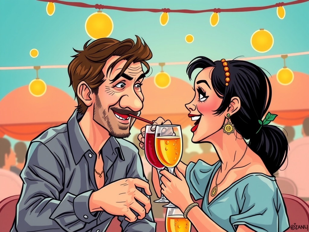 A cartoon couple cheerfully sharing drinks under glowing string lights.