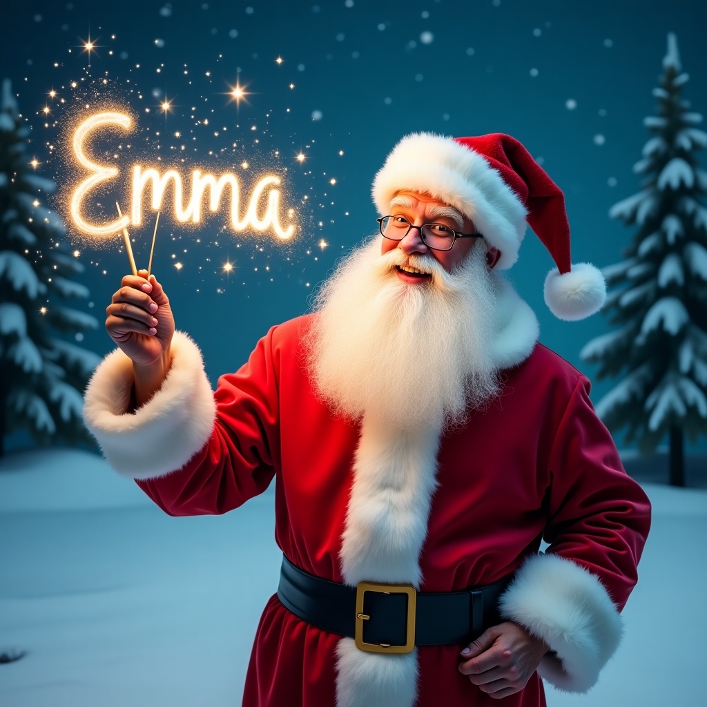 Jolly Santa Claus in snowy landscape holds magical wand shining sparkles name Emma. Wears classic red suit with white fur trim and matching hat. Santa's eyes twinkle with joy. Behind him snowy scene with evergreen trees and starry night sky. Festive magical atmosphere for holiday season.