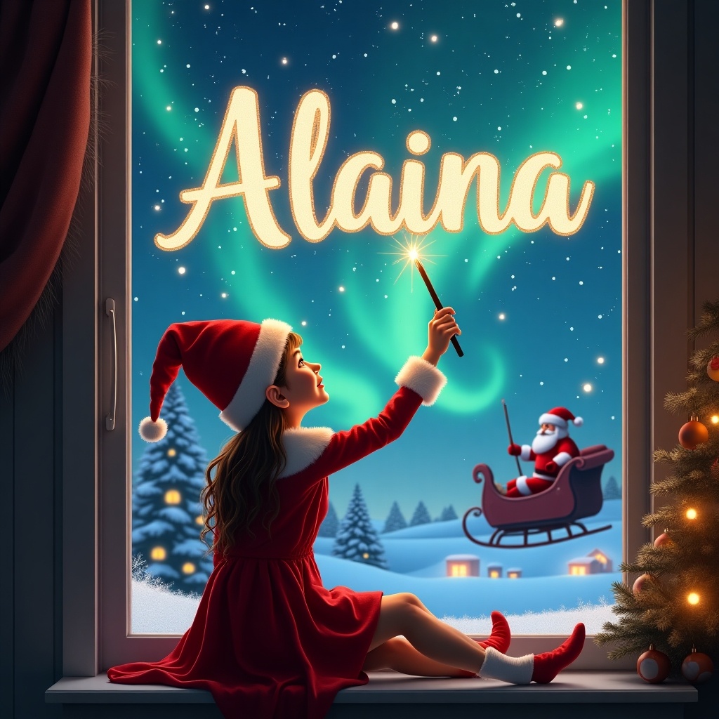 The image depicts a lovely elf sitting on a window ledge, facing the night sky. She holds a wand, using it to write the name 'Alaina' in sparkling letters. Behind her, the enchanting landscape showcases twinkling stars and vibrant northern lights. Santa Claus can be seen in his sleigh, enhancing the festive mood. The elf is adorned in a classic red outfit with a pointed hat, capturing the spirit of the holiday season.