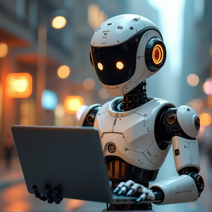 A sleek, humanoid robot with glowing eyes works on a laptop amidst a blurred, neon-lit cityscape at dusk.