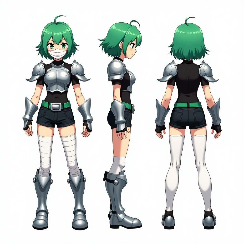 Anime mercenary tomboy features green hair with curtain bangs. Wears metal shoulder pads and a chestplate. Has a black shirt underneath and black short jeans with a green belt. Large silver buckle in the front. Wears metal gauntlets and shin and knee pads. White tights cover the legs. Presented in front side and back views.