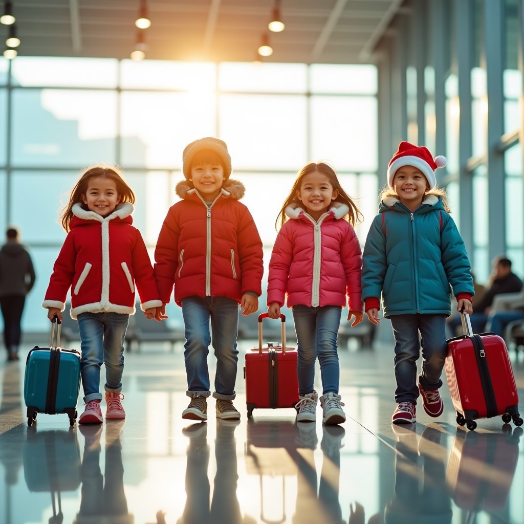 Four cheerful children dressed warmly in colorful hoodies and jackets walk confidently through a bright modern airport. Each child carries a small suitcase, suggesting an upcoming journey. The scene radiates warmth and excitement.