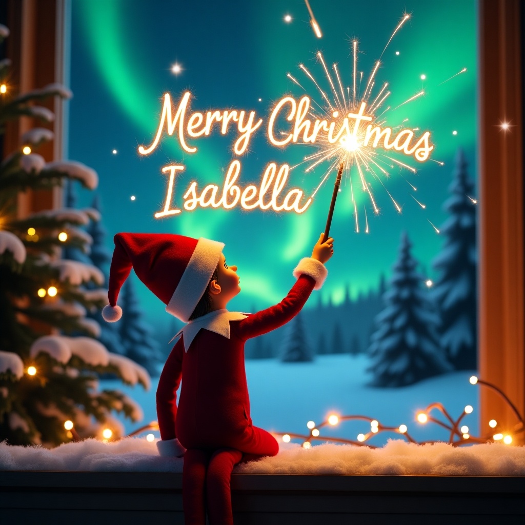 Enchanting Christmas scene features elf on shelf facing sky. Elf dressed in red and white holds magic wand. Writing 'Merry Christmas Isabella' in firework sparkler script. Backdrop with vibrant northern lights creates magical ambiance. Scene is festive and whimsical, capturing joyful holiday spirit.