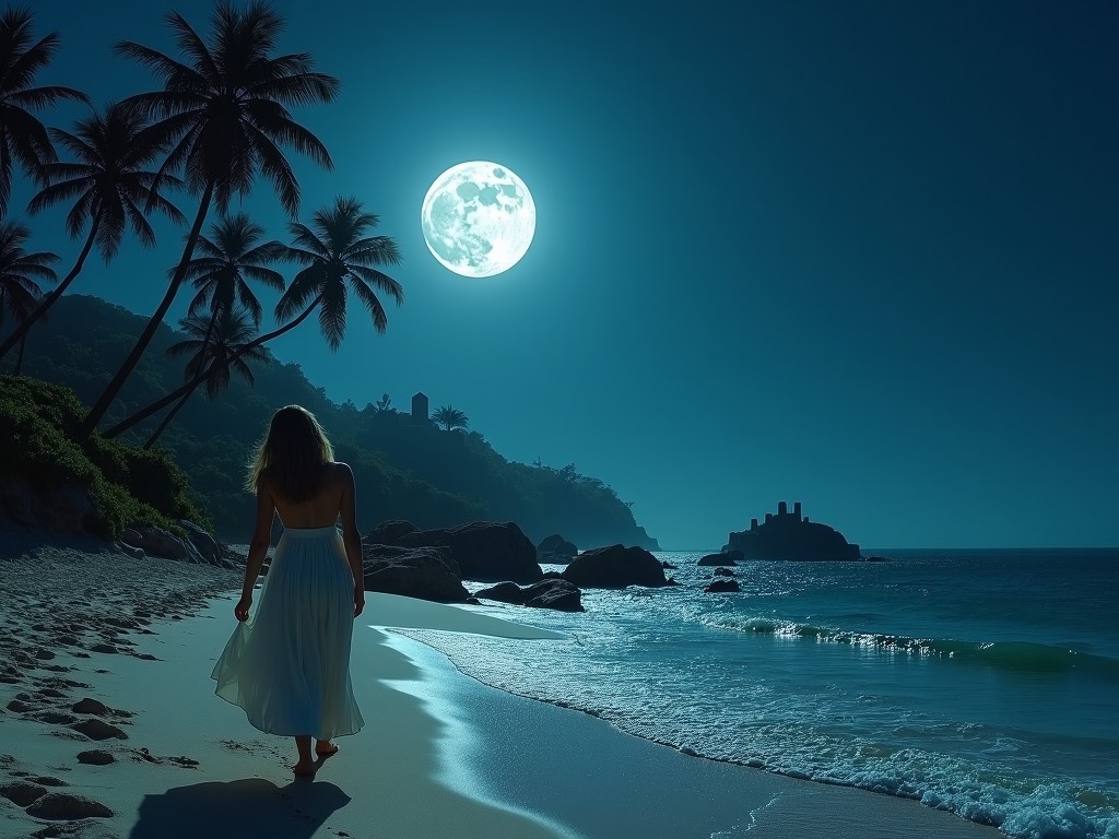 A woman in a white dress walking along a moonlit beach with palm trees and a bright full moon in the sky.