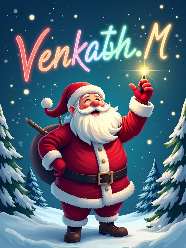 Beautiful Christmas-themed illustration featuring Santa Claus joyfully looking up at the sky. Santa writes name in colorful glowing letters. Scene set in winter wonderland with snow-covered trees around him. Santa dressed in red and white outfit holding magical glowing pen. Background filled with twinkling lights.