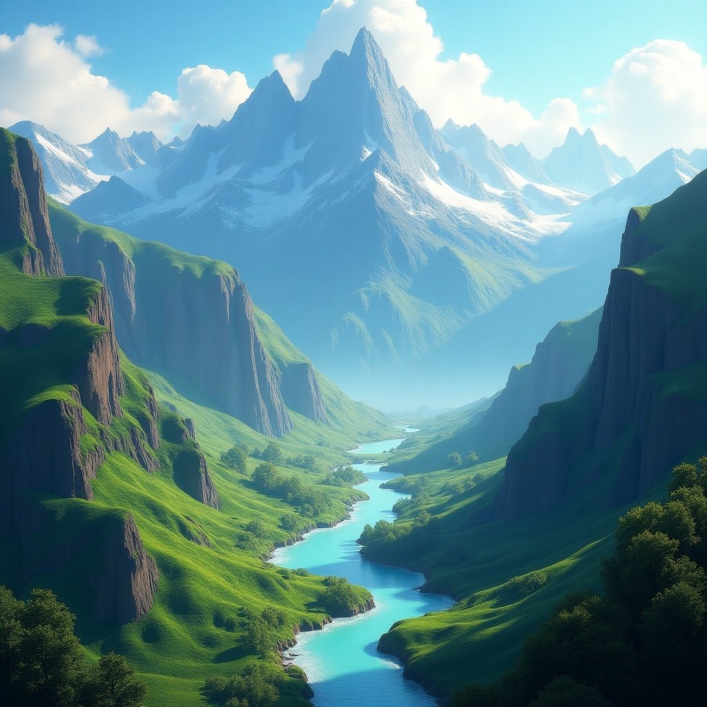 Breathtaking fantasy heightmap depicts majestic mountain range. Towering peaks and lush green valleys surround a pristine winding river. Soft natural light enhances vibrant greens and blues. Evokes adventure and tranquility. Perfect inspiration for fantasy art and design.