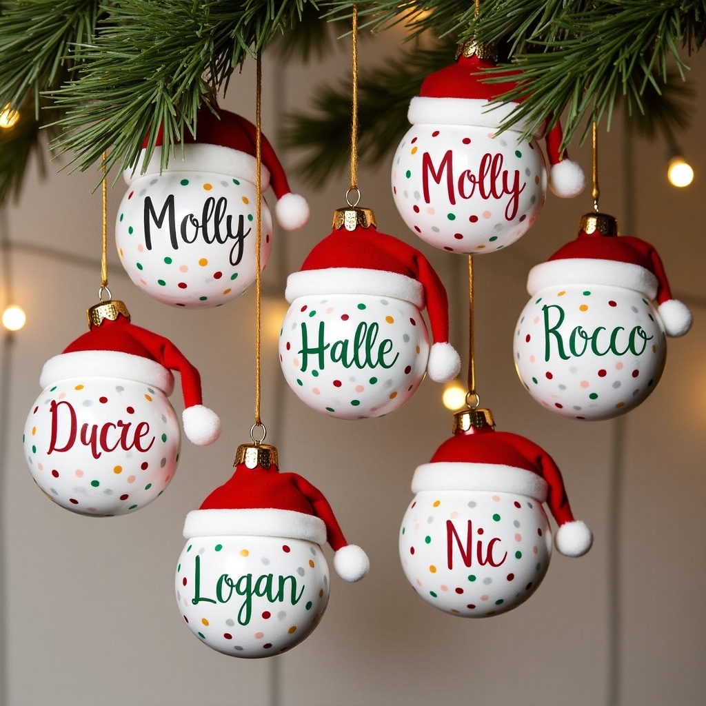 The image showcases a beautiful display of personalized Christmas baubles hanging from a pine tree branch. Each bauble features a different name, written in festive colors, surrounded by colorful polka dots. They are adorned with small Santa hats, adding to the holiday charm. Soft lights in the background enhance the festive atmosphere. This visual captures the joy and personalization of holiday decorations. Ideal for marketing personalized gifts this holiday season. It's a cheerful and inviting scene, perfect for evoking holiday spirit and togetherness.