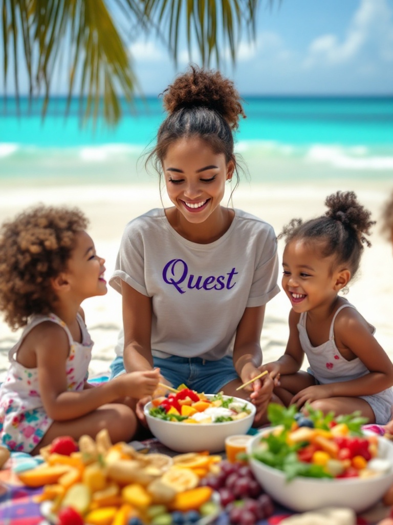 A beautiful Caribbean beach scene with soft white sand and clear turquoise waters. A young woman sits on a blanket with two children enjoying a meal. The woman wears a shirt with the word Quest in purple embroidery. Colorful healthy foods surround them. The atmosphere is joyful and nurturing, highlighting a delightful tropical experience.