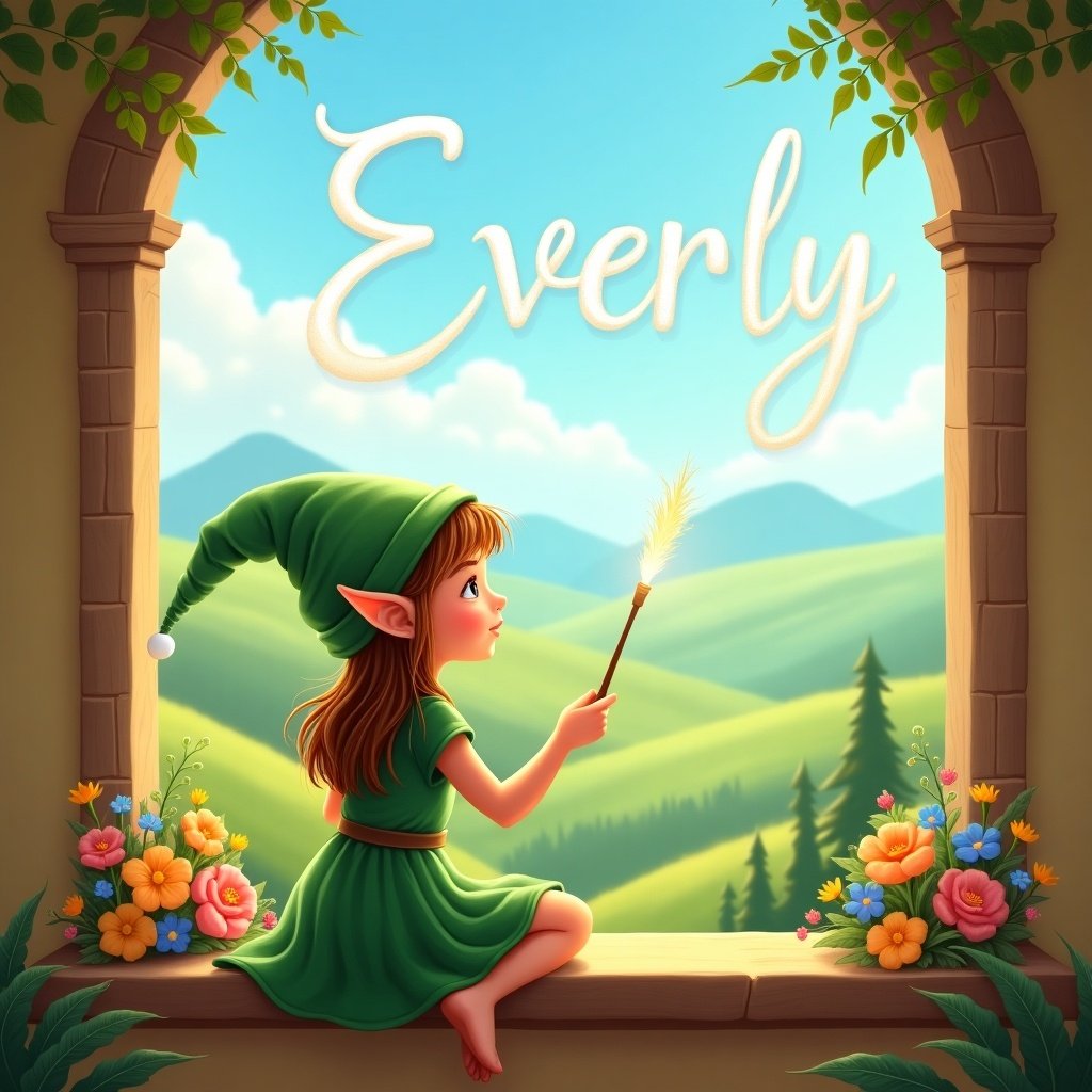 Elf girl named Everly sits on a window ledge. She overlooks a beautiful landscape. She has pointed ears and wears a green dress and hat. In her hand, she holds a wand. She writes her name in the sky. Colorful flowers decorate the ledge. The background features rolling hills and a bright blue sky. The scene is warm and inviting.