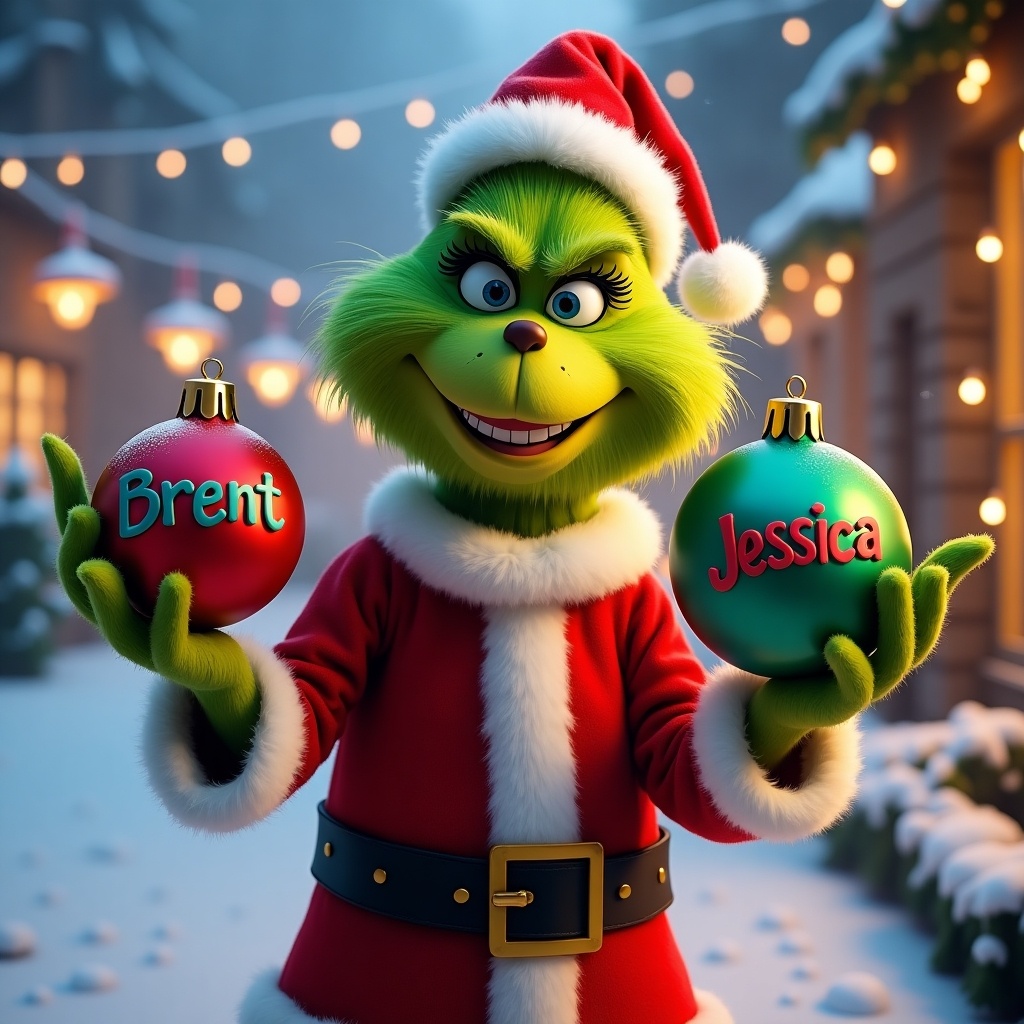 Grinch character in Santa suit holds two Christmas ornaments. Left ornament has name Brent. Right ornament has name Jessica. Snowy background with Christmas lights and trees.