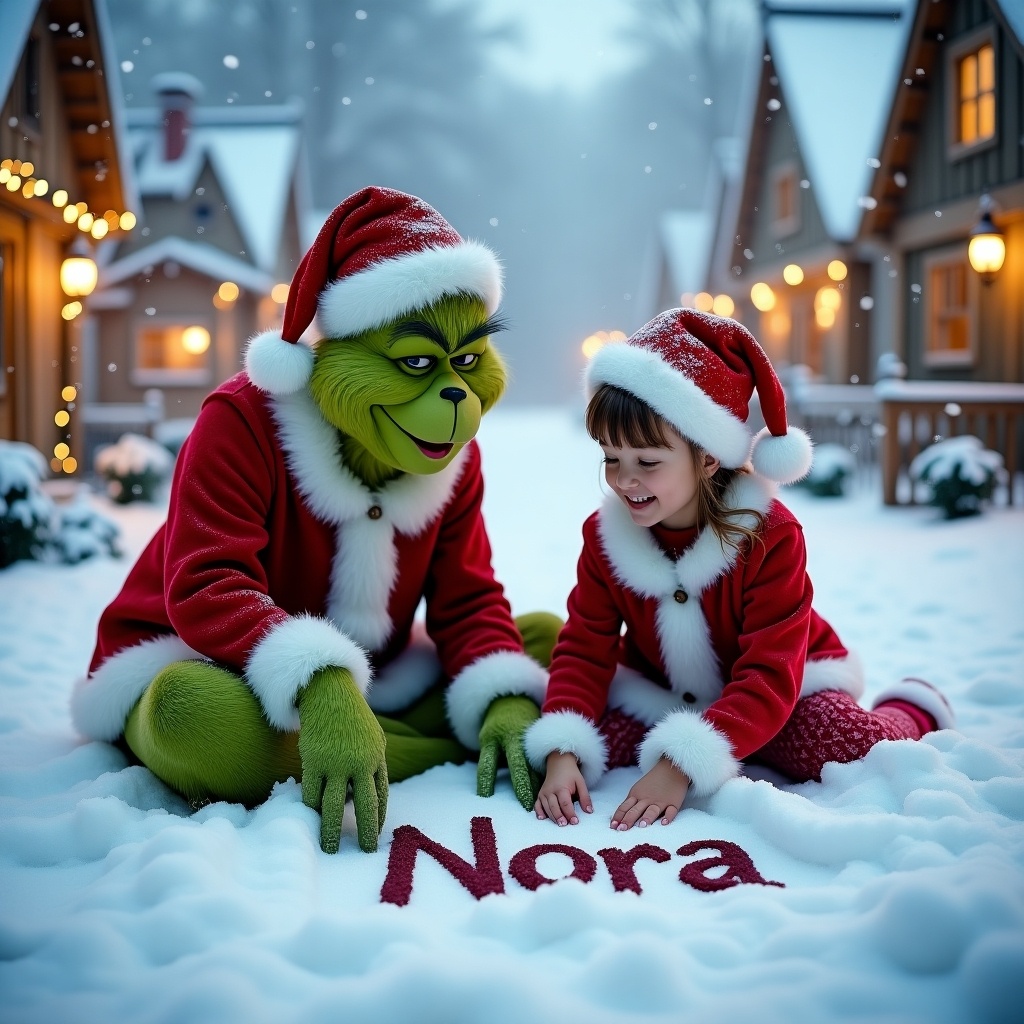 Snow-covered scene with the Grinch and a girl in festive outfits. They write 'Nora' in the snow. Snowflakes fall around them. Cozy cottages in the background are illuminated. Warmth and happiness are captured in their expressions.