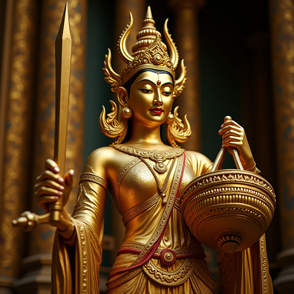 A golden statue of a regal figure holds a sword and a decorative bowl in a temple-like setting.