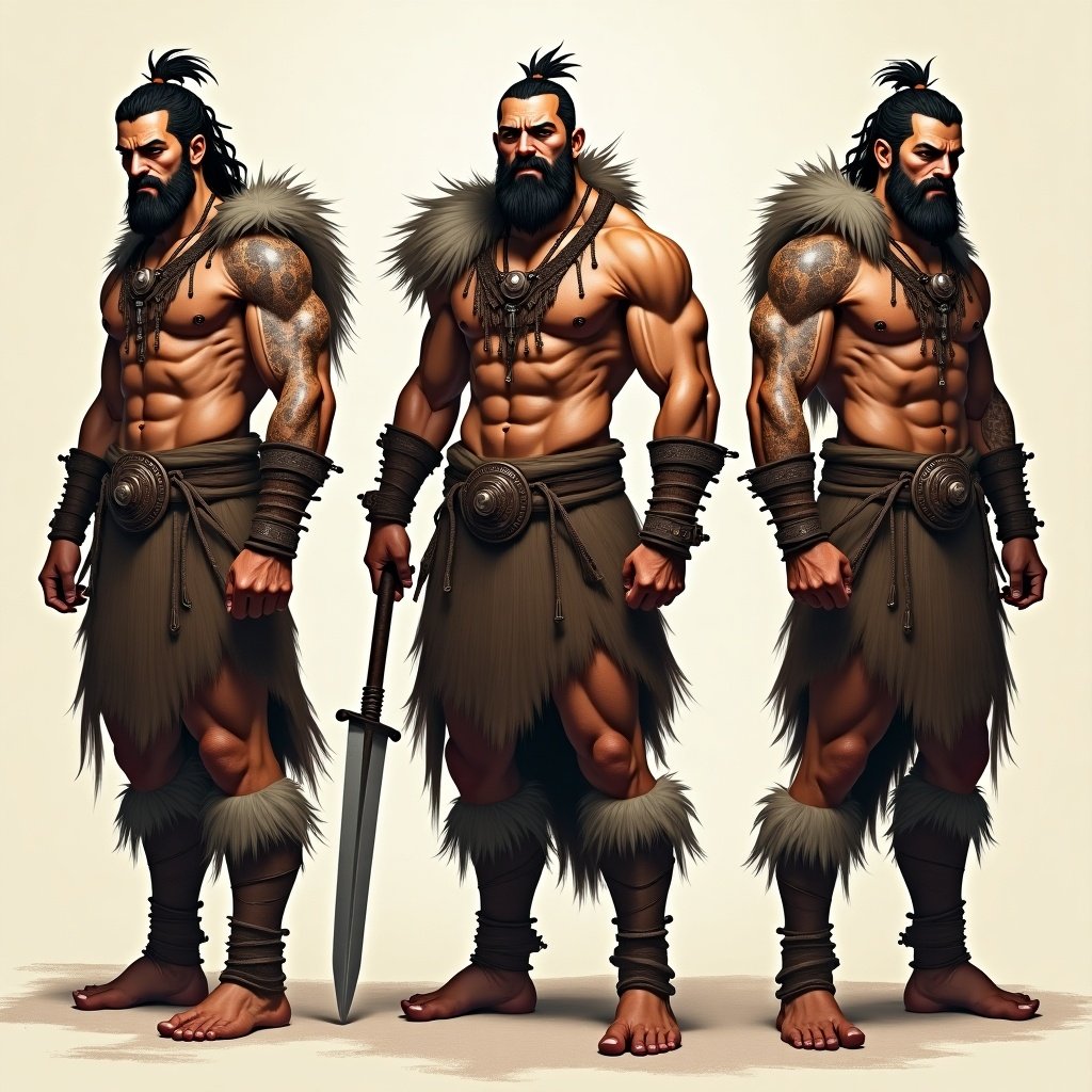 Portraits of a muscular barbarian warrior in a three-quarter view from the side. He wears fur clothing and holds a sword. Strong facial features and tattoos adorn his body. The lighting is soft and highlights his physique.