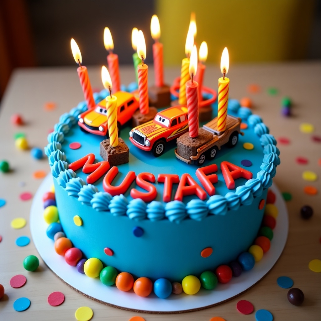 This image features a vibrant birthday cake designed specifically for a child named MUSTAFA. The cake is a striking blue color and is topped with colorful decorations, including bright candles and toy cars from the HOT WHEEL collection. The name 'MUSTAFA' is prominently displayed in bold red letters on the cake. It is surrounded by an assortment of colorful candies and playful confetti scattered across the table. This cheerful scene perfectly captures the joy and excitement of a child's birthday celebration.