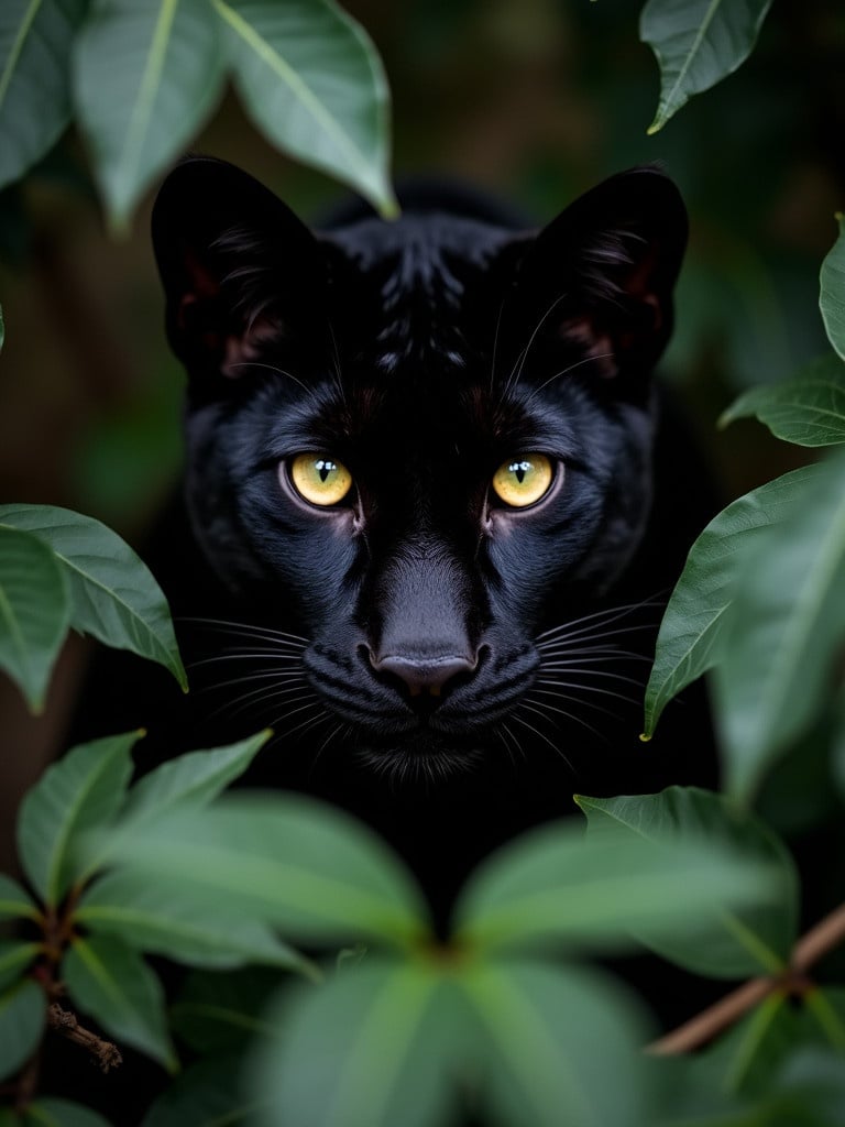 Black panther among lush green leaves. Panther has striking yellow eyes. The focus is on the panther's face. The greenery surrounds the panther creating a natural frame.