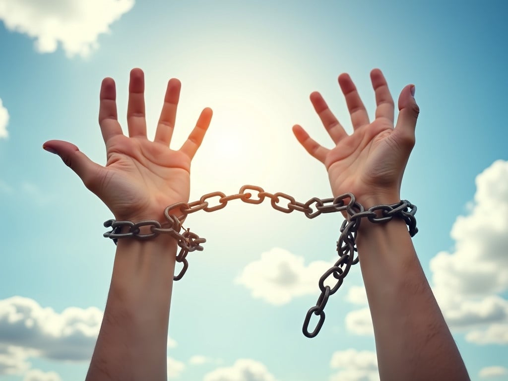 Two hands raised towards the sky with broken chains around the wrists. Chains breaking symbolize freedom or liberation. Background features a bright sky with clouds. Image conveys breaking free from constraints or overcoming obstacles.