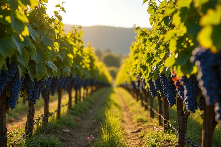 Sunny late summer evening in vineyard. Vines full of vine leaves and blue grapes. Green leaves with autumn colors. Narrow path between rows of vines. Flowering plants growing between vines.