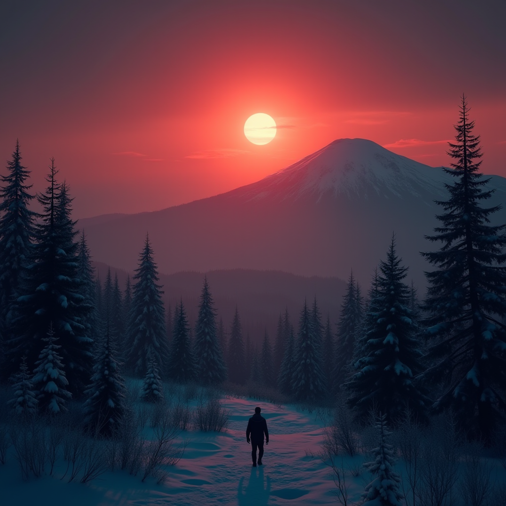 A lone figure walks through a snowy pine forest at sunset with a mountain silhouette in the background.