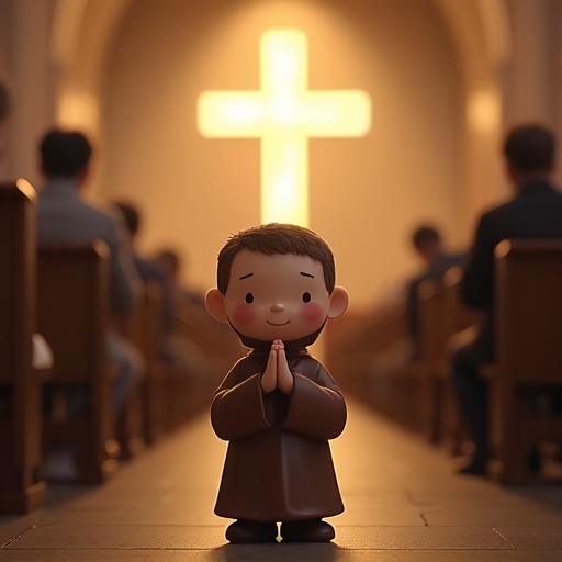 Cute figurine of young monk with joyful expression. Monk stands in prayer pose inside church. Congregation sits quietly with illuminated cross at front.