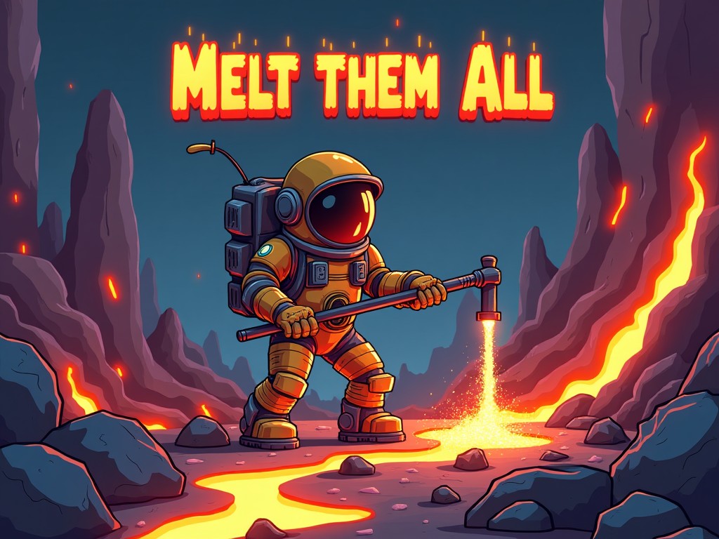 A cartoon-style image of an astronaut in a volcanic landscape, holding a tool that emits melting rays, with the text 'MELT THEM ALL' above.