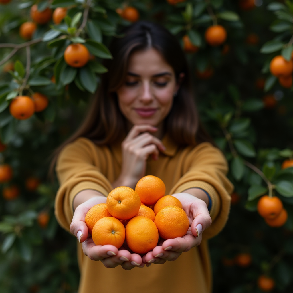 The image depicts a woman standing amidst a lush orange grove. She is holding a generous handful of small, vibrant oranges towards the camera, creating a focal point of fresh, vibrant, and ripe fruit. The background is filled with green leaves and more oranges hanging from the branches, suggesting a bountiful harvest. The woman appears relaxed and content, dressed in an earth-toned top that complements the warm colors of the oranges.