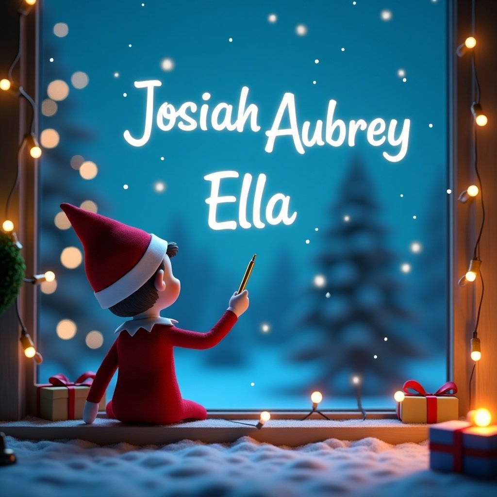 3D render of a Christmas scene. Neon blue sky and snowy ground. An elf on the shelf writes names in the sky. Names are Josiah, Aubrey, Ella. Elf has a golden pen. Background includes Christmas lights, wreath, gift box. Elf wears red outfit and hat. Elf's back is turned.