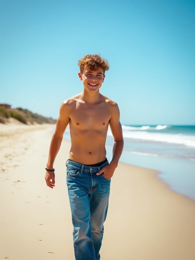 An attractive young teenage boy shirtless and wearing low hanging denim jeans is walking along the beach.