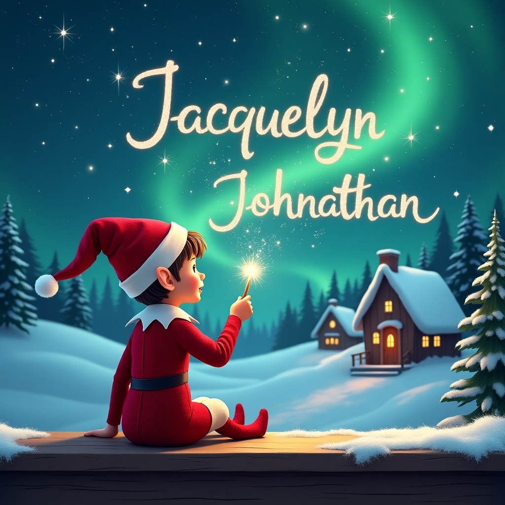 An elf sits on a wooden ledge with its back to the camera, gazing at a magical sky. The elf, dressed in a red outfit with a pointed hat, holds a sparkling wand. With the wand, the elf elegantly writes the names 'Jacquelyn' and 'Johnathan' in the starry sky. The background features a snowy landscape with charming little houses and evergreen trees under the shimmering Northern Lights. This whimsical scene captures the essence of childhood magic and Christmas cheer.