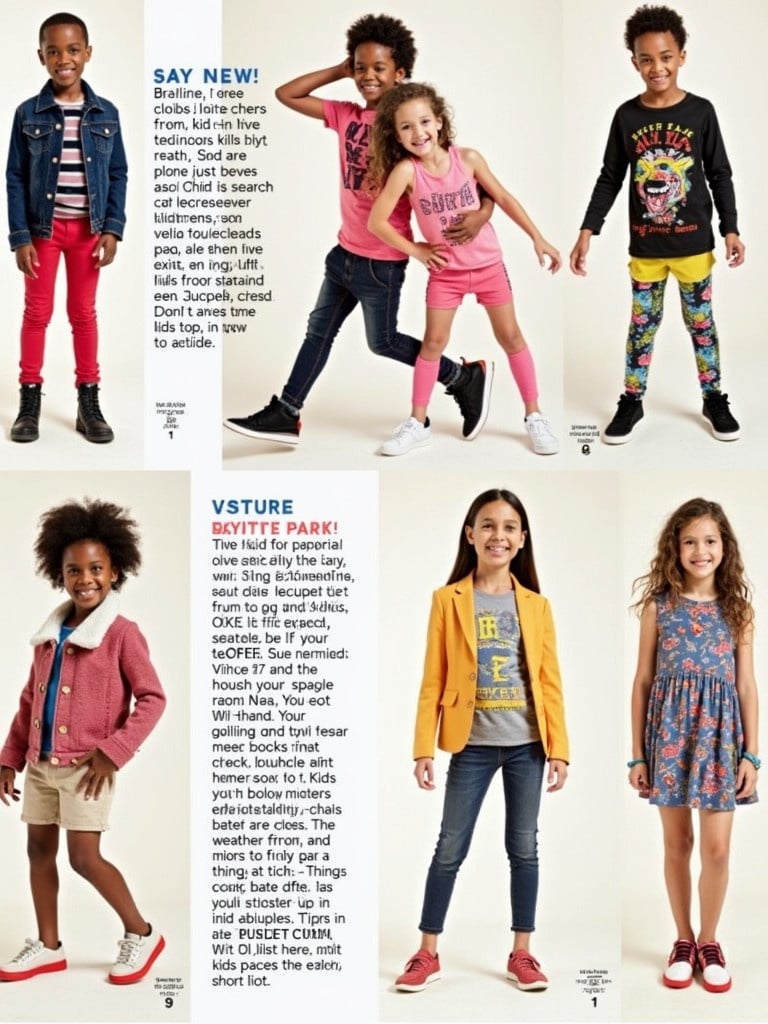 Magazine spread features children in trendy clothing styles. Models display unique outfits and accessories. Bright colors dominate the layout. Text offers fun fashion tips. Designed to inspire parents and kids for stylish choices. Engaging advertisement for children's wear.