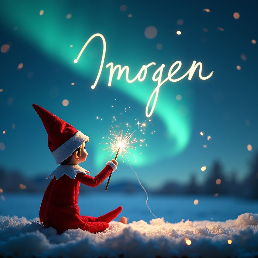 Elf on the shelf sits facing the sky, magical Christmas scene with northern lights and Santa, using a wand to write 'Imogen' in the sky, captures a moment of wonder.