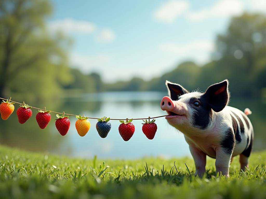 A playful young piglet stands in a grassy field by a tranquil lake, holding a line of colorful strawberries in its mouth. The strawberries range in color from red to blue, adding a fantastical element to the scene. The background features soft-focus greenery under a clear sky, creating a serene and cheerful atmosphere.