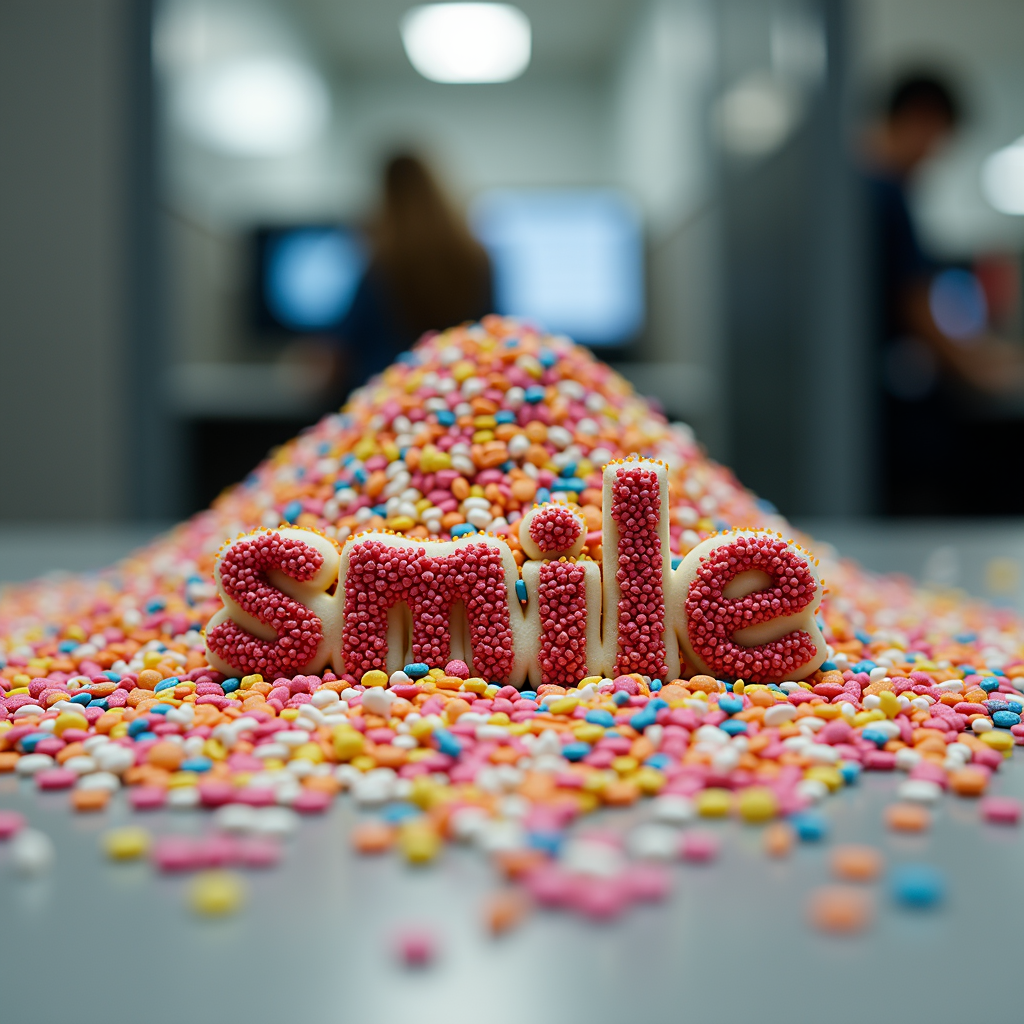 The word 'smile' is spelled out in letters covered with colorful candy sprinkles.