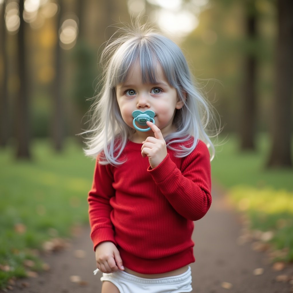 A ten-year-old girl with long silvery blue hair is walking in a park. She has emerald green eyes and is wearing a bright red long sleeve ribbed top with white diapers. A pacifier is in her mouth, and she appears to be enjoying her day outdoors. The background features trees and a winding path, indicative of a serene park setting. Her casual outfit is comfortable for playtime. The warm lighting creates a cozy atmosphere, making the scene feel inviting and playful.