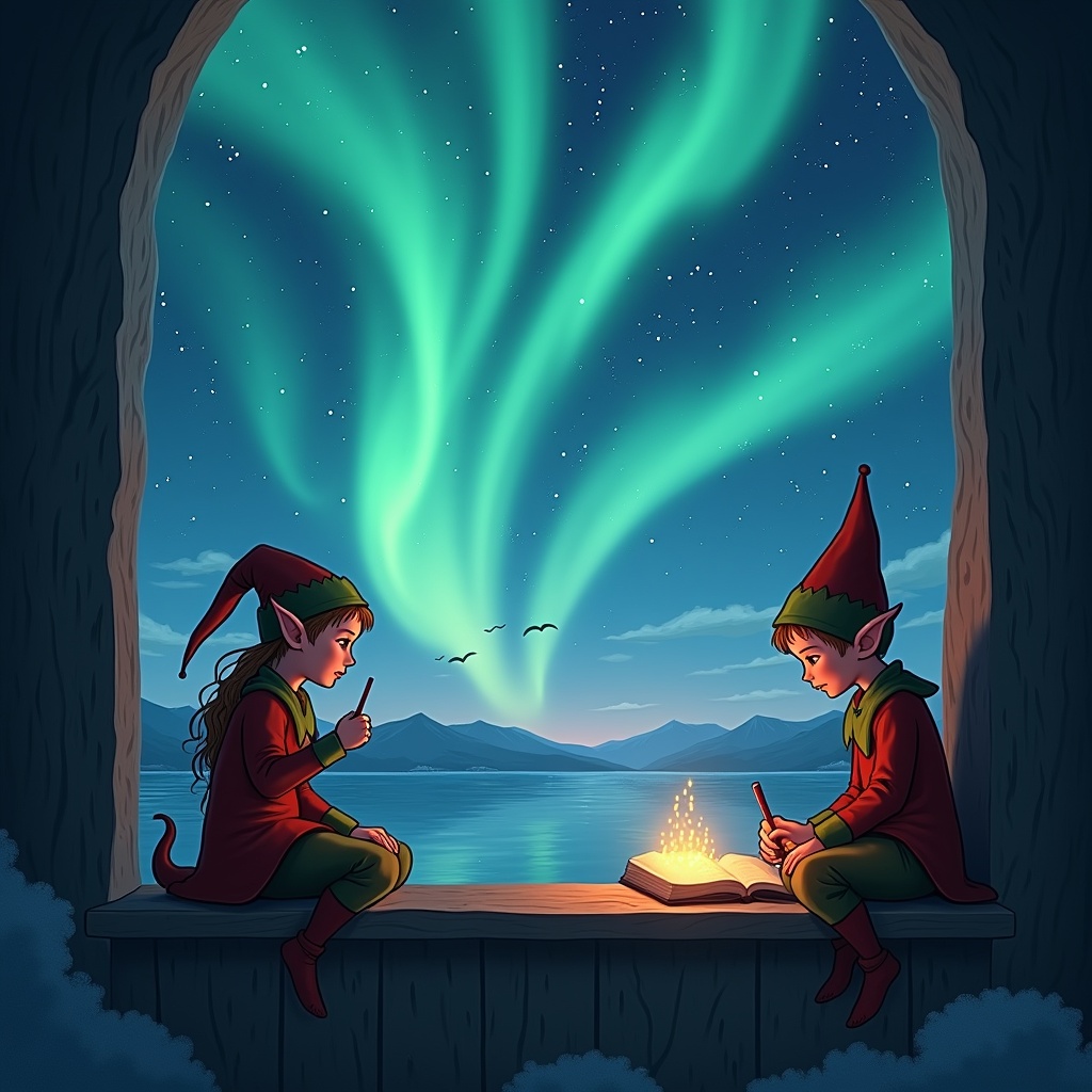 The image features two whimsical elves sitting by a large window. The elves are engaged in writing, with the northern lights glowing beautifully in the sky behind them. They appear to be in a festive mood, dressed in traditional elf costumes. The scene is magical, suggesting a special moment of holiday spirit. The setting is serene, with mountains in the background and a starry night sky.