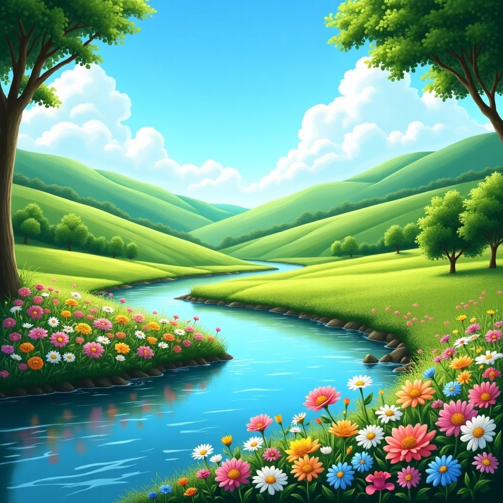 Vibrant serene landscape features rolling green hills under clear blue sky. Fluffy white clouds dot the sky. Colorful flowers bloom along the gently flowing river. Lush green trees provide shade enhancing tranquil atmosphere. Flowers display array of colors including pinks, whites, yellows, and blues. Scene evokes feeling of peace and natural beauty, perfect for scenic day outdoors.