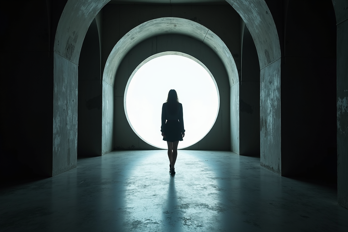 A silhouetted person walks toward a large, circular light, framed by dramatic concrete arches.