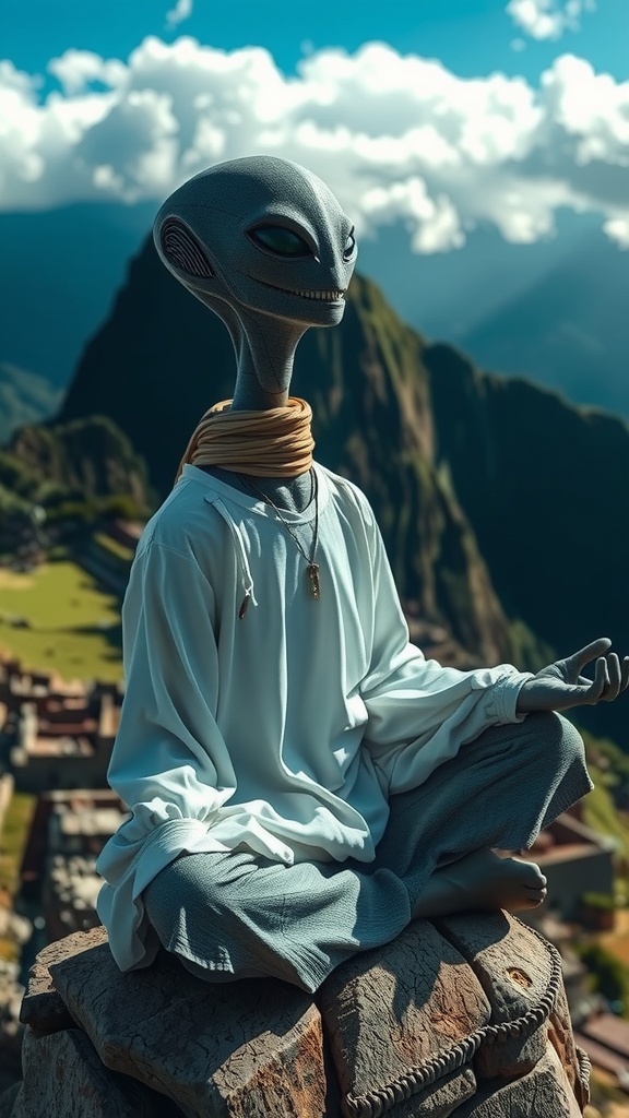 An extraterrestrial being peacefully meditates atop a mountain with ancient ruins in the background.