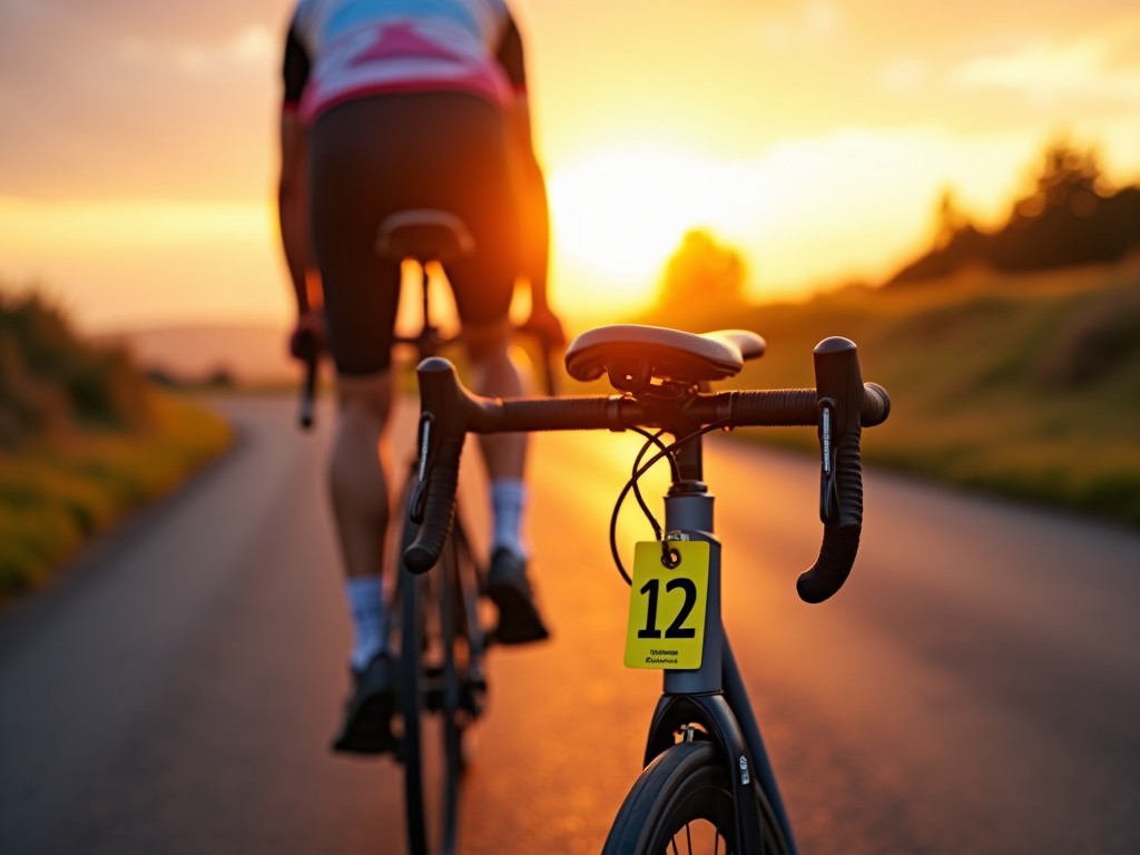 A professional image showcasing a competitor number attached to the seat tube of a bicycle. The number is bold and bright, designed for a cycling championship. The scene captures a beautiful cycling route under the warm light of a sunset. A cyclist can be seen in motion in the background, adding to the competitive atmosphere. The focus remains on the number, highlighting its significance in the event.