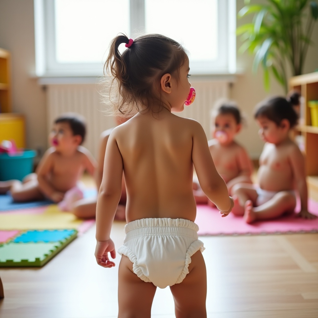 The image features a three-year-old girl seen from behind, wearing a full diaper and a pacifier in her mouth. In the background, several other children are engaged in playful activities, all wearing full diapers. Toys are scattered around the vibrant daycare space, with colorful mats enhancing the cheerful atmosphere. The scene is bright, showcasing moments of carefree childhood joy and vibrant indoor play. This setting highlights the innocence and liveliness of young children at play.