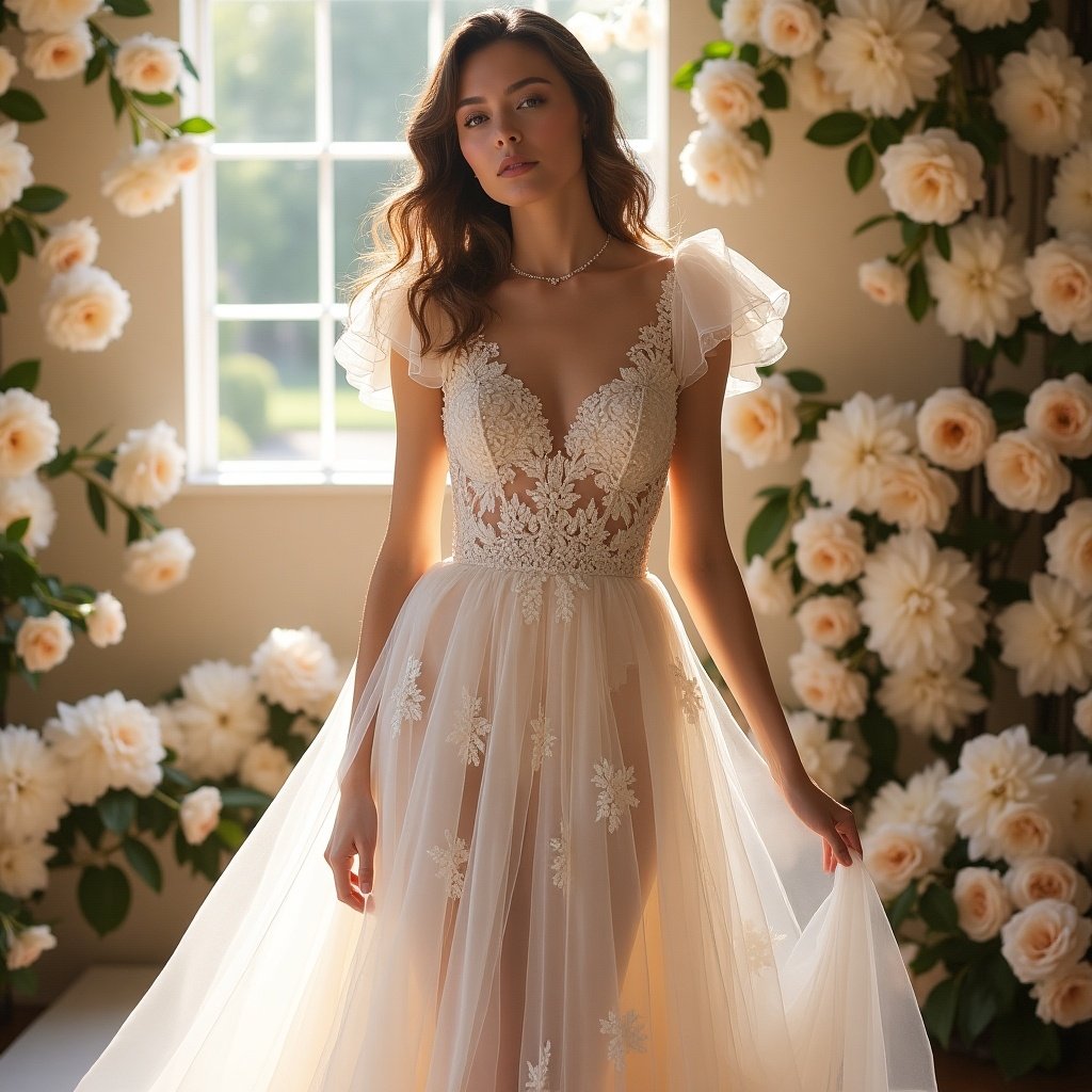 The image showcases a couture dress with a spring theme. The dress has delicate floral embroidery and soft puff sleeves. The model poses against a floral backdrop. Natural light creates a gentle glow, highlighting details of the gown.