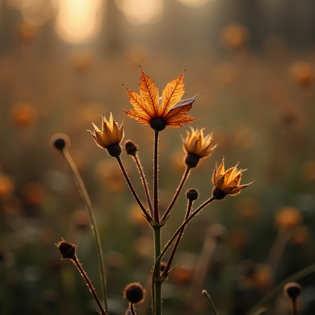 A single autumn leaf amongst budding flowers, illuminated by warm evening light in a softly blurred field.