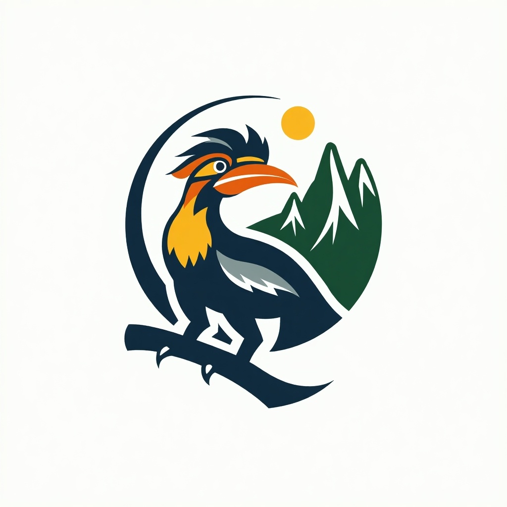 Stylized Hornbill bird with mountains and sun in the background. Represents culture and ecosystem of Arunachal Pradesh. Vibrant colors used for a dynamic logo design.